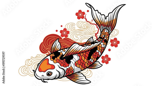 Koi fish illustration with floral and wave elements on white background