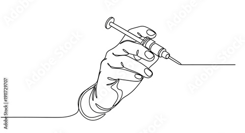 Hand holding a medical syringe in a continuous line drawing.