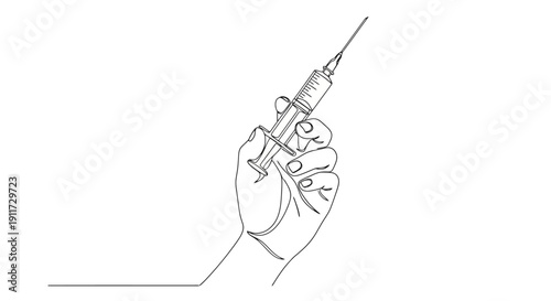 Hand holding a medical syringe in continuous line drawing style.
