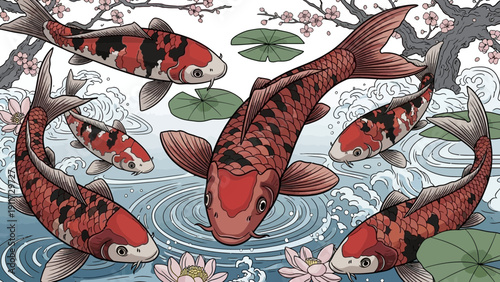 Koi fish swimming in a pond cartoon illustration decorative design
