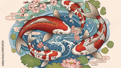 Koi fish swimming in a pond with water lilies and blossoms illustration