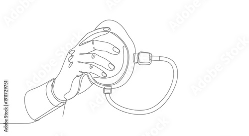 Hand holding medical anesthesia mask continuous line drawing.