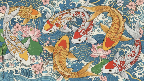 Koi fish swimming in decorative water pattern with floral accents