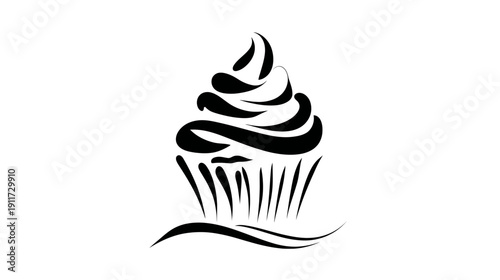 A black and white stylized illustration of a cupcake with frosting, on a white background