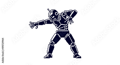 a pixel art robot character striking a playful dab pose perfect for retro gaming digital technology and fun modern design projects.