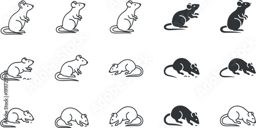 Mouse Outline and Silhouette Vector Collection with Little Rodent in Running Sitting and Standing Poses Isolated on White Background.