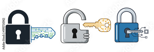 A series of digital padlocks and keys illustrating concepts of cybersecurity, data protection, and secure access.