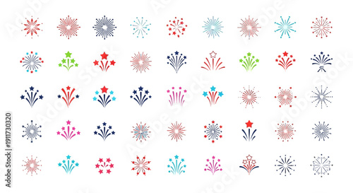 colorful firework icons and starburst design vector collection for new year holidays and festive party events and celebrations.
