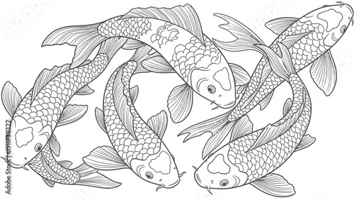 Stylized koi fish illustration swirling in a decorative pattern black and white