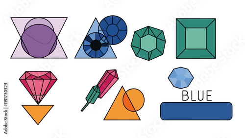 colorful geometric abstract shapes and faceted gemstones a minimalist illustration perfect for education modern design and graphic resources.