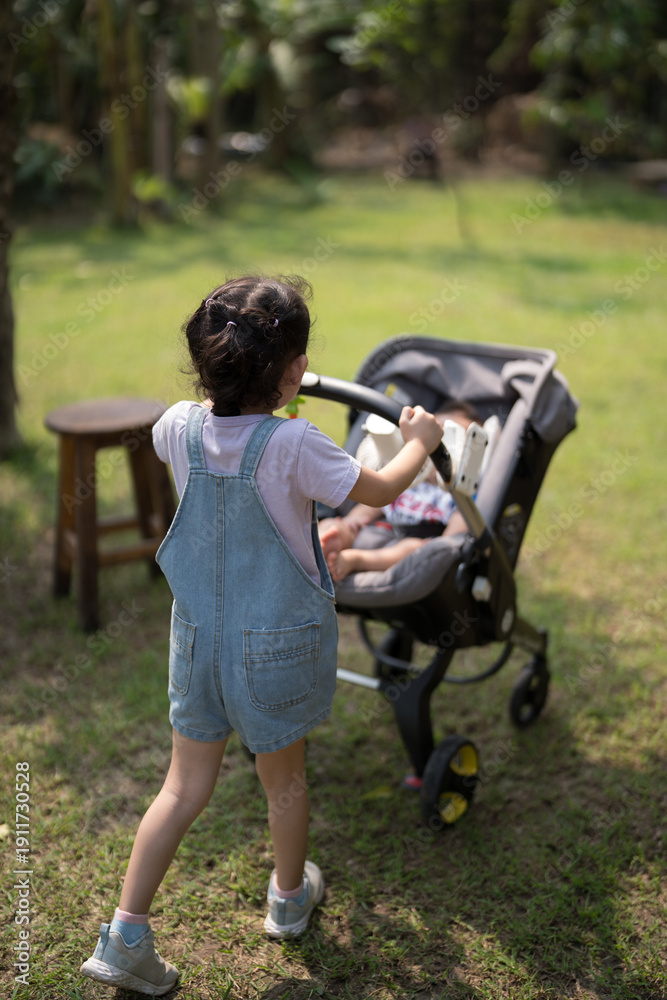 Fototapeta premium sister is pushing a stroller for her younger brother