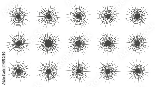 realistic broken glass crack patterns with circular impact points perfect for graphic overlays shattered screen effects and symbolizing damage.