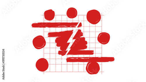 red abstract design with brushstrokes circles and a lightning bolt on a grid symbolizing energy disruption and modern concepts.
