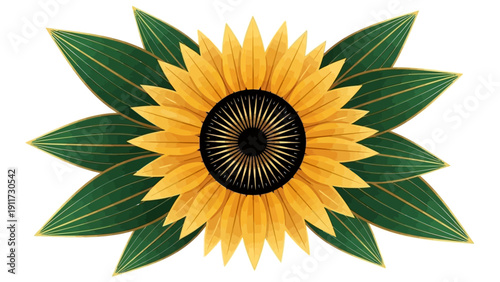 stylized sunflower illustration with yellow petals green leaves golden accents on white symbolizing nature summer modern decor.