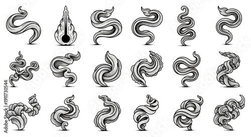 stylized smoke and steam elements set illustrating various flowing vapor shapes for graphic design ui icons and conceptual projects