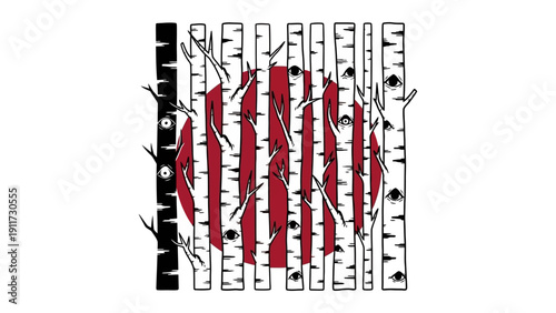 stylized white birch forest illustration with hidden eyes peering from bark obscuring a red sun symbol creating a mysterious japanese surveillance theme.