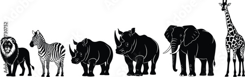 African safari animal silhouettes including lion zebra rhinoceros elephant and giraffe isolated on white background, detailed wildlife vector set for design