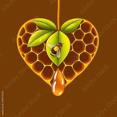 On a white background, a honeycomb in the shape of a heart, a green sprout growing from the top of the heart, a small bee sitting on the green sprout, a drop of honey at the bottom of the heart, a sma