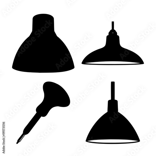Collection of various industrial lamp shades and a hand engraving tool silhouette