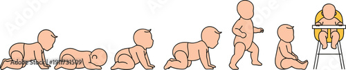 Baby growth stages illustration showing infant development from crawling to sitting and eating, child development milestones concept, cute flat design isolated on white background