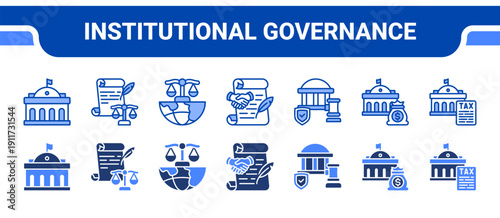 Institutional Governance Icon Collection,  featuring Government, Constitution, Law, Policy, Regulation, Budget, Tax.