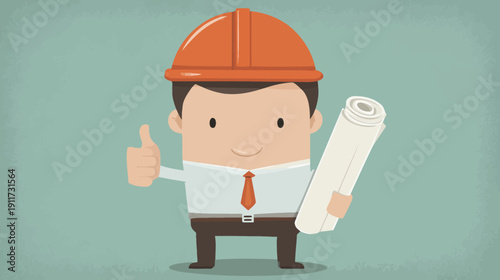 A cartoon engineer in a hardhat gives a thumbs up and holds rolled plans