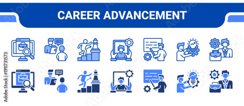 Career Advancement Icon Collection,  featuring Job search, Interview, Career path, Apprenticeship, Training program, Skill development, Work experience.