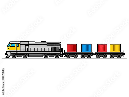 Cartoon freight train carrying colorful shipping containers, illustration of logistics and transportation industry