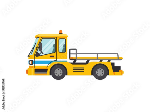 Yellow airport tow tractor with a flatbed for baggage or cargo transport