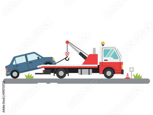 Flatbed tow truck hauling a broken down car on a tow truck bed, suitable for roadside assistance and emergency vehicle services