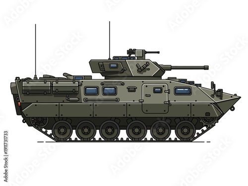 Illustration of an armored personnel carrier with a turret and tracks