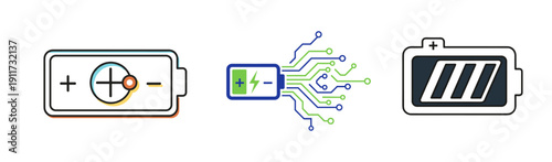 A collection of stylized battery icons representing charge levels, energy flow, and power indicators for various electronic devices.