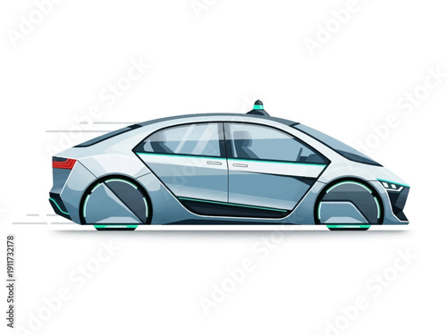 Futuristic self-driving electric car concept design, motion blurred, white and teal accents, sleek modern vehicle