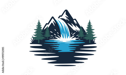 Beautiful mountains waterfall and sun with river outdoor vector t-shirt design, travel and adventure forest scene with pine tree vector illustration