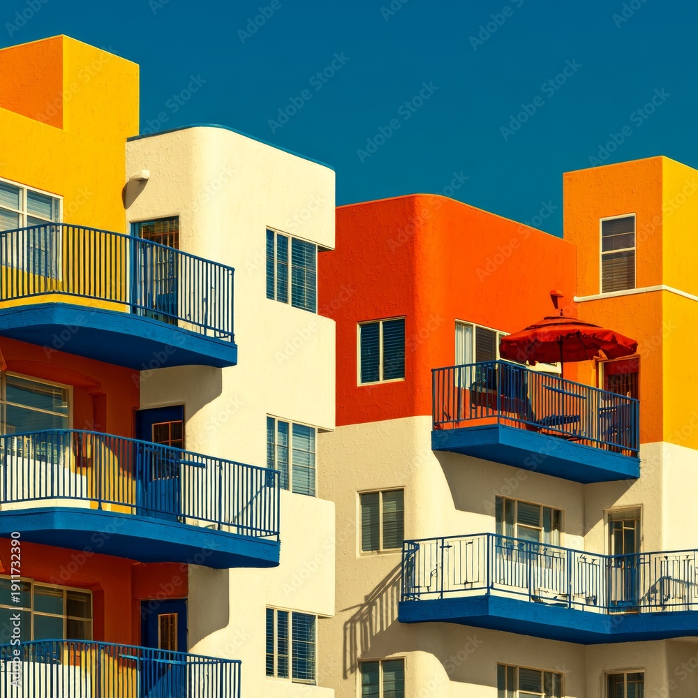 Obraz premium Colorful Art Deco Buildings in Miami Beach with Balconies.