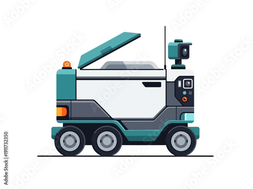 Futuristic robotic delivery vehicle with camera and open lid, showcasing advanced automated logistics and technology