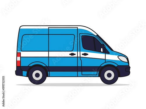 Blue and white commercial delivery van illustration with windows and wheels