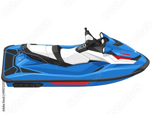 Vivid blue personal watercraft with white seat and red accents, perfect for aquatic recreation and water sports