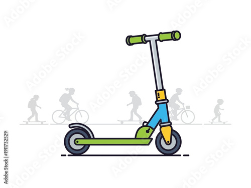 Electric scooter with people riding bicycles in the background, symbolizing urban mobility and active lifestyle