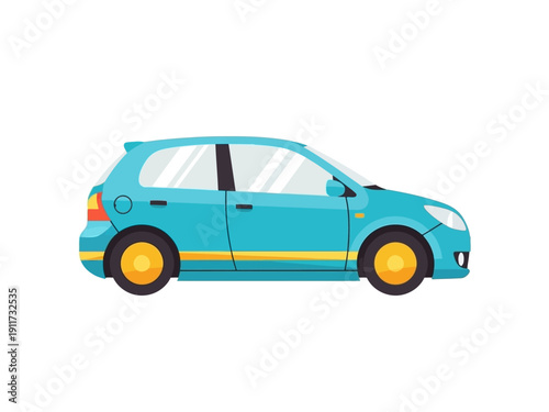 A vibrant teal blue hatchback car with yellow wheels and accents, presented in a clean, minimalist graphic illustration style, isolated on a white background