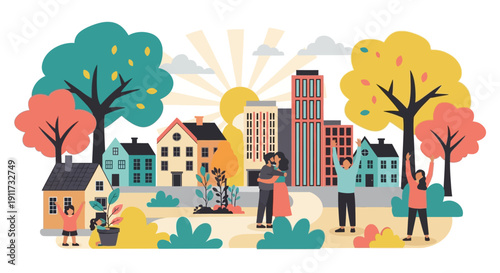 Active Urban Park Environment with Diverse Citizens and Skyline Background Illustration