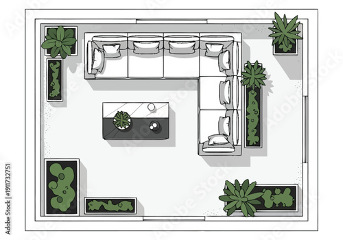 Modern Apartment Layout Showing Open Concept Living Area With Sectional Sofa And Coffee Table Surrounded By Indoor Plants And Planters In Top Down