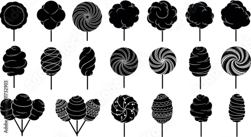 Collection of Black Cotton Candy and Lollipop Silhouettes Vector Icons for Carnival, Fair, and Sweet Shop Branding Design