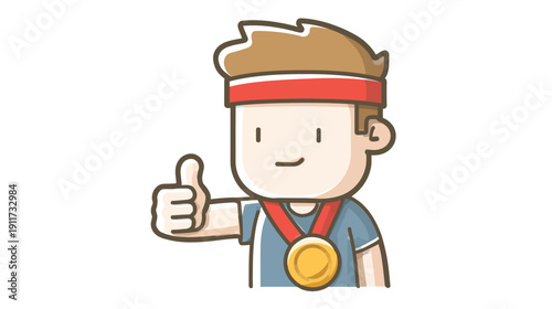 A cartoonish person with a headband and a medal giving a thumbs-up gesture