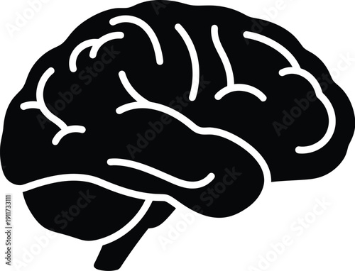 Single black brain icon, minimal flat vector illustration of human cognition and neuroscience on a simple background