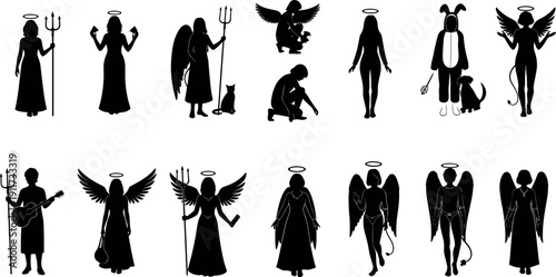 Set of black silhouettes depicting angels and devils with wings halos tridents and costumes for halloween vector illustration.