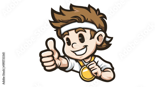 Cartoon character with a thumb up and medal. White headband and shirt. Brown hair and outline