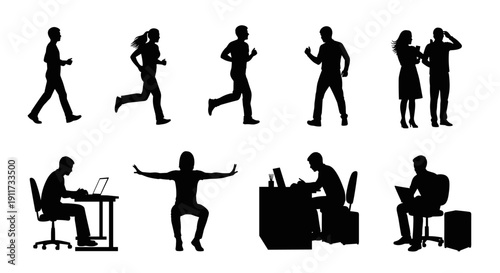Collection of Silhouette Illustrations Depicting Diverse Human Activities, Including Sports, Work, and Leisure, Presented in a Clean, Minimalist Style for Versatile Design Applications