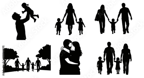 A heartwarming collection of black silhouettes depicting diverse family moments, celebrating parental love, childhood joy, and the unbreakable bond of togetherness