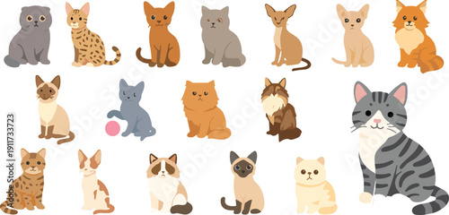 Collection of Cute Cartoon Cat Breeds Vector Illustrations Featuring Various Feline Characters and Kitty Icons for Pet Care, Veterinary Services, and Animal Lovers